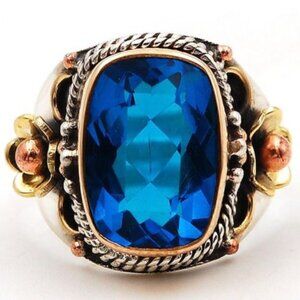 Vintage Womens Blue Topaz CZ Floral 925 Silver Ring Sz 8
